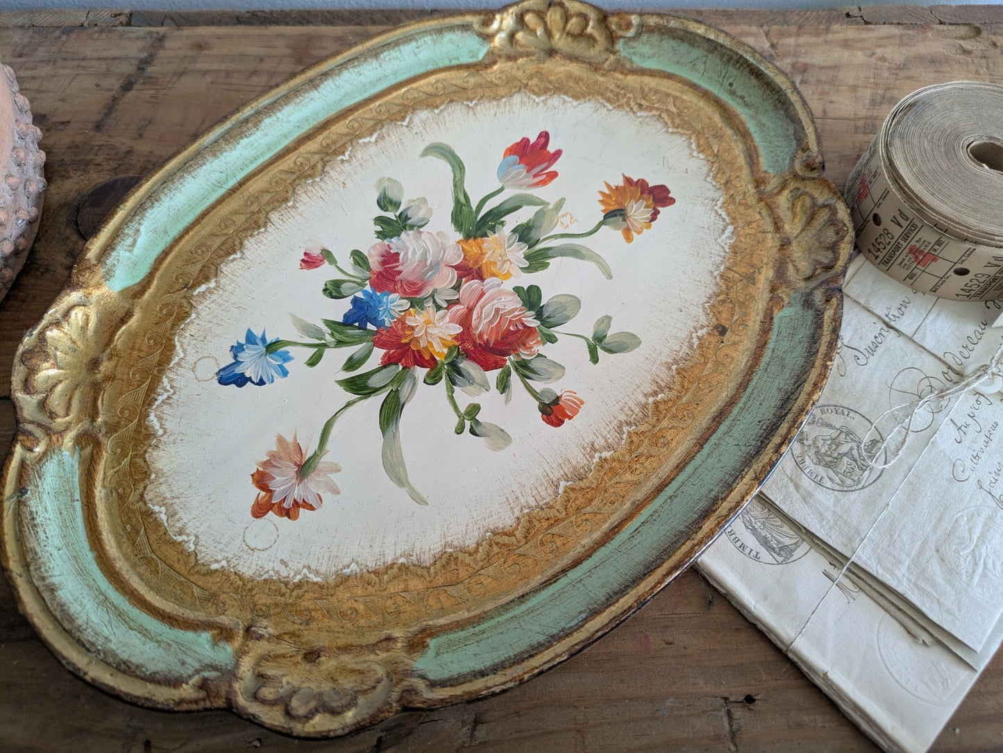 Vintage Firenze Florence Florentine Tray Handmade Italy Gold Leaf Baroque Gift