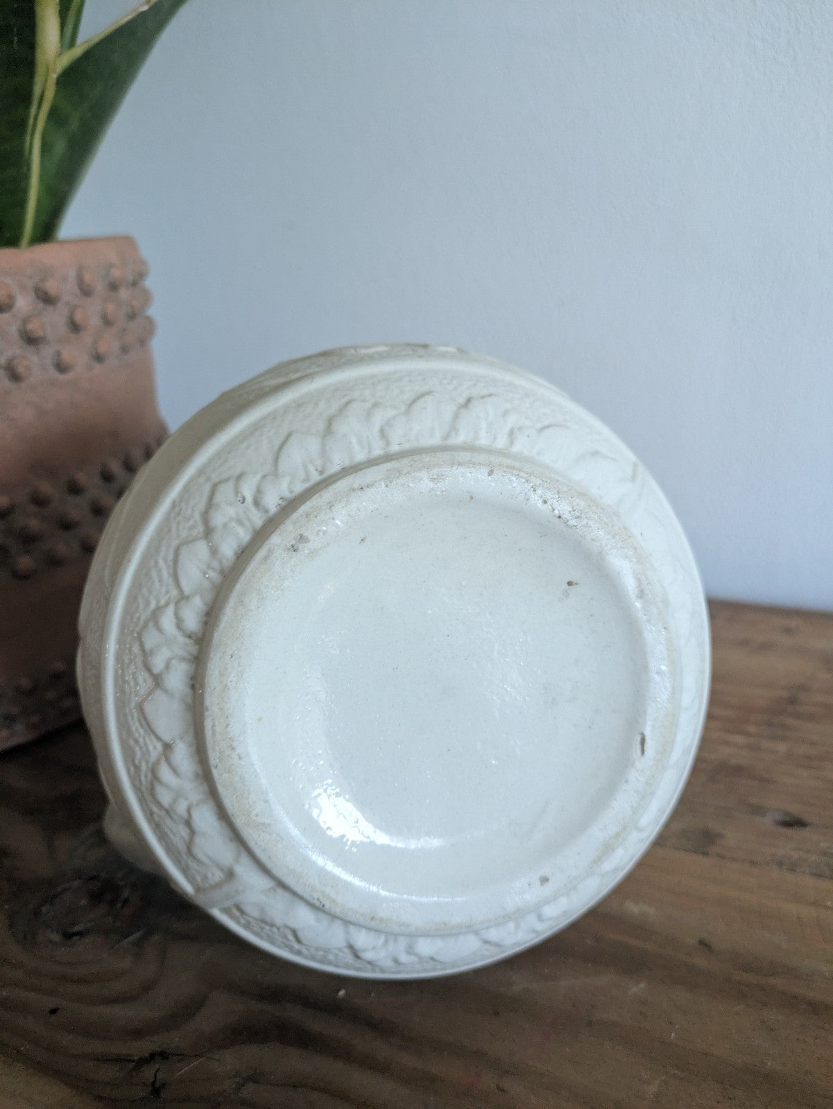 Mid 1800s Victorian Salt Glazed White Stoneware Jug Vase Antique Pitcher Floral