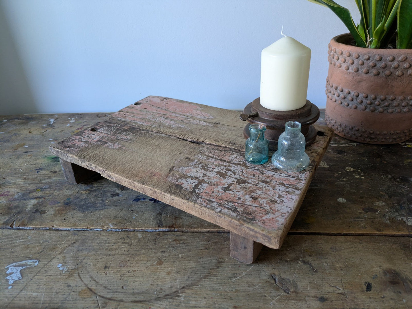 Antique Wooden Bajot Floor Sitting Stool Pink Old Hand Crafted Serving Board Vtg