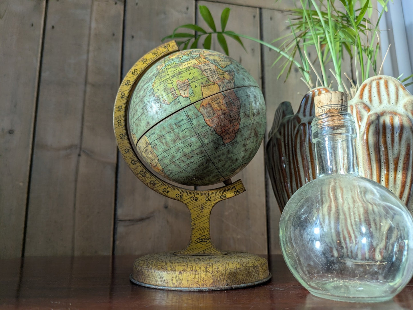 Rare 1930s Vintage Desktop Mini Tin Globe Made In Great Britain World Rotating