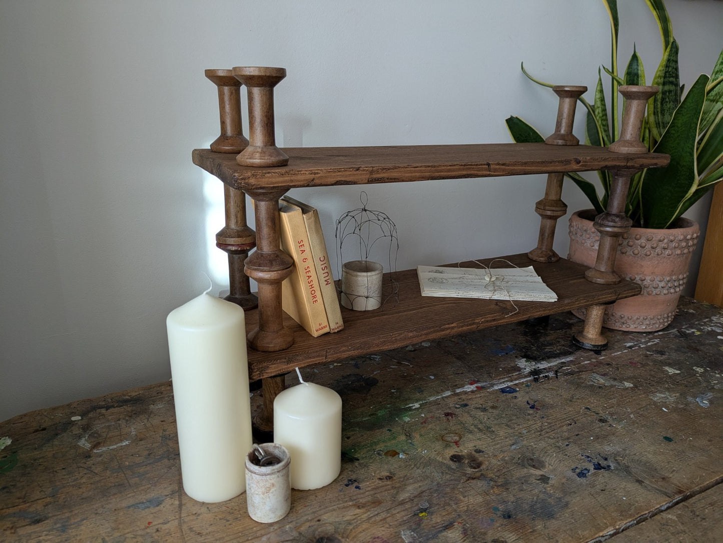 Antique Indian Reclaimed Vintage Folk Art Bobbin Spool Shelf Shelves Handmade