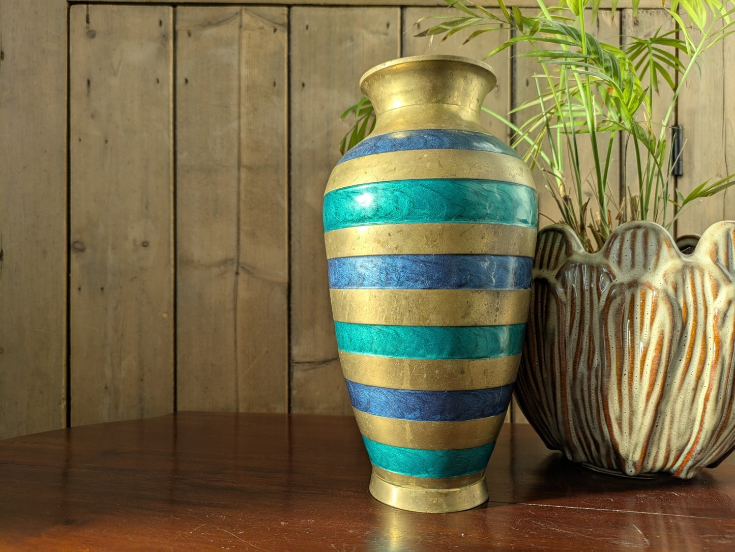 Vintage Brass Cloisonné Vase Green Blue Enamel Hand Made India Striped Large