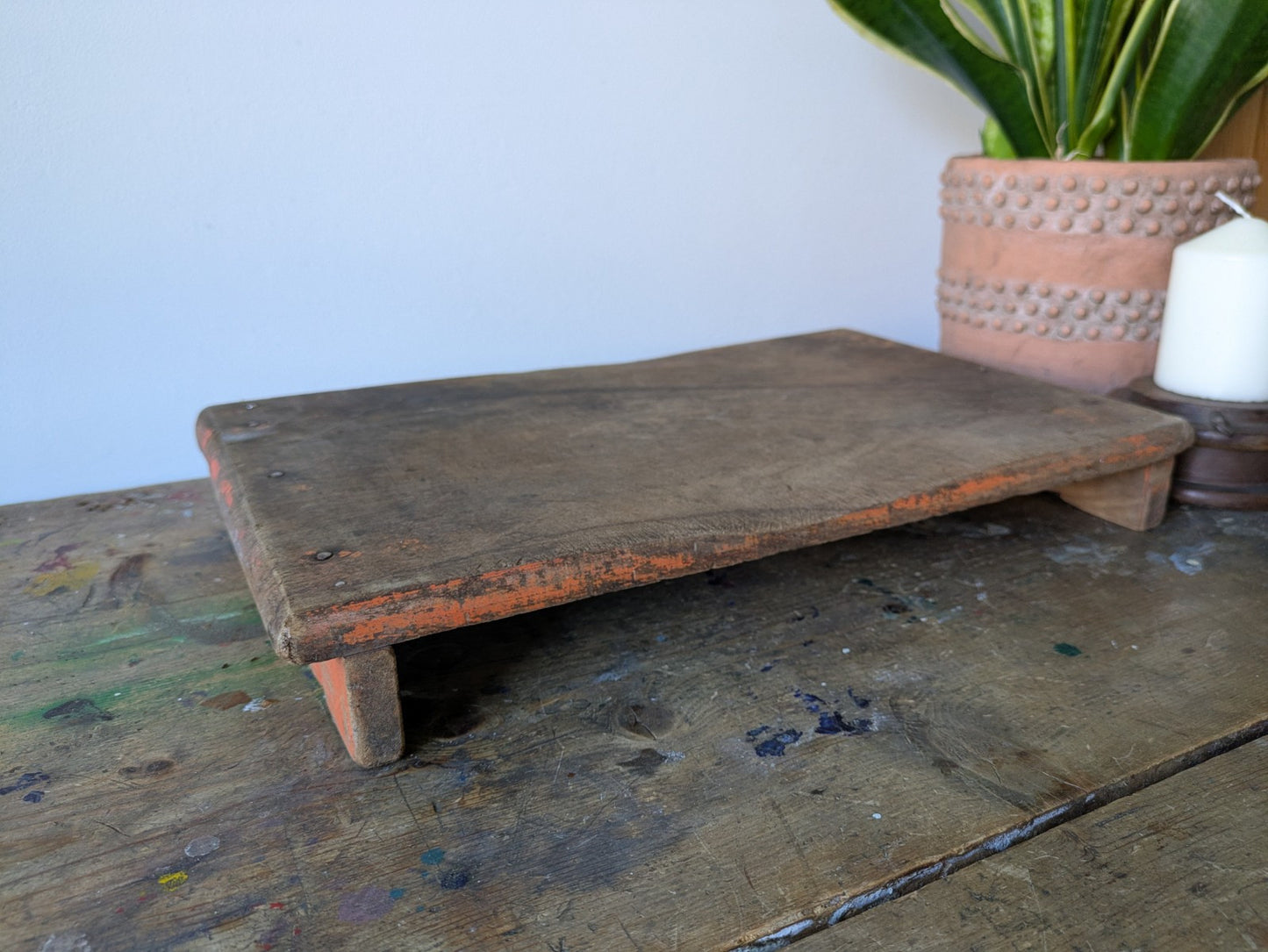 Antique Wooden Bajot Floor Sitting Stool Orange Old Hand Crafted Serving Board