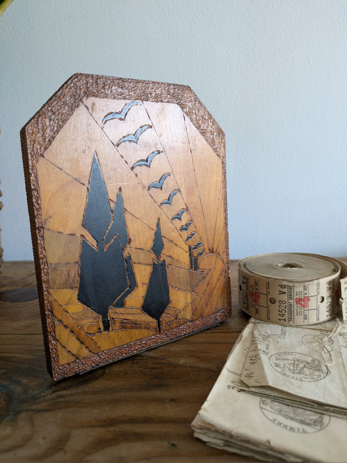Vtg Antique Bookend x1 Folk Art Carved Single Trees Birds Sun Countryside Deco
