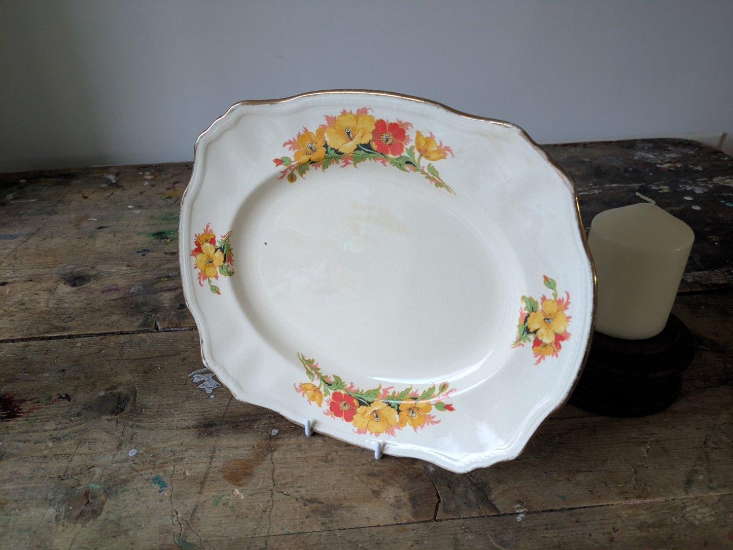 Vintage Alfred Meakin 1930s Serving Platter Plate Orange Yellow Floral Dinner