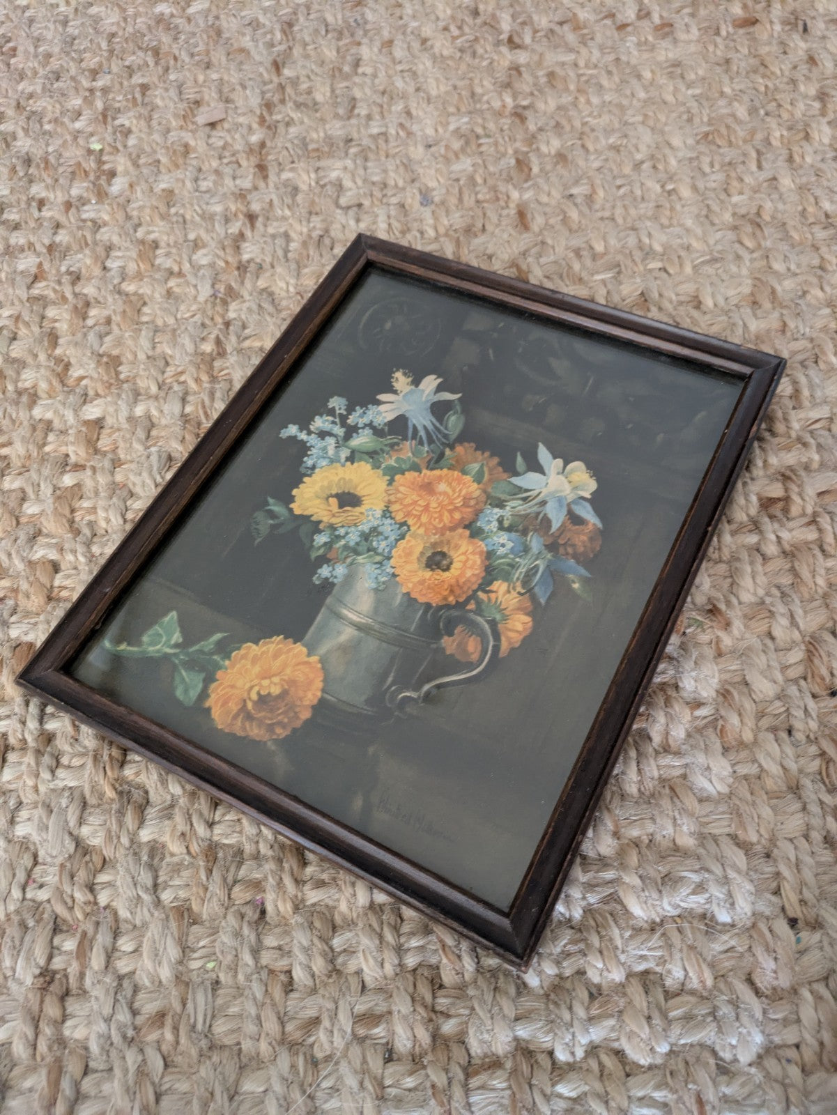 Small Vintage Framed Flowers Still Life Print Signed Winifred Walker Bouquet Old