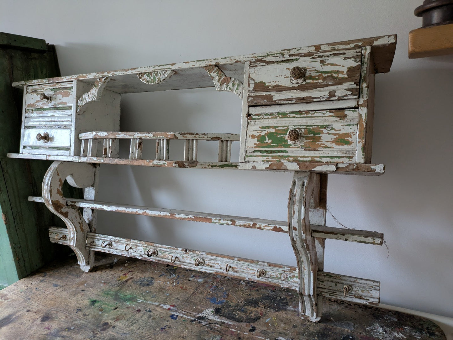 Antique 1900s Shelving Rack Wall Shelf Shelves Drawers Chippy Distressed Hooks