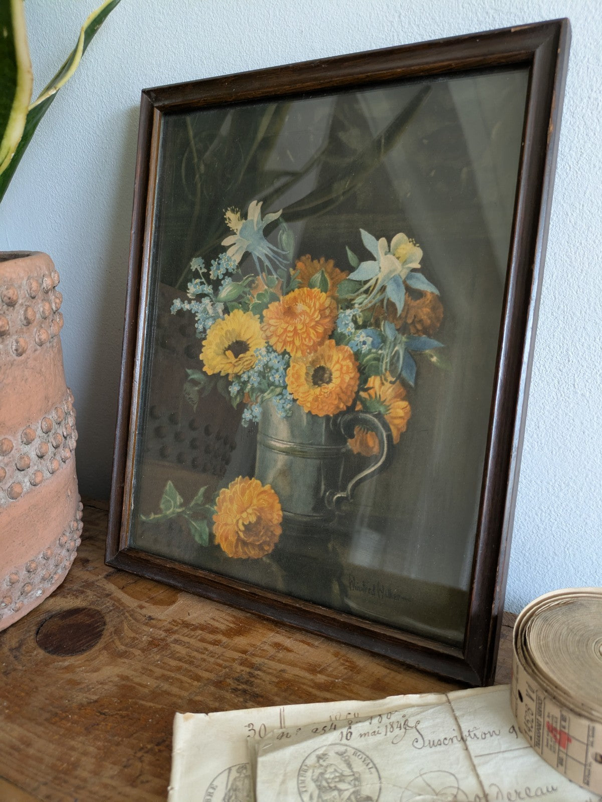 Small Vintage Framed Flowers Still Life Print Signed Winifred Walker Bouquet Old