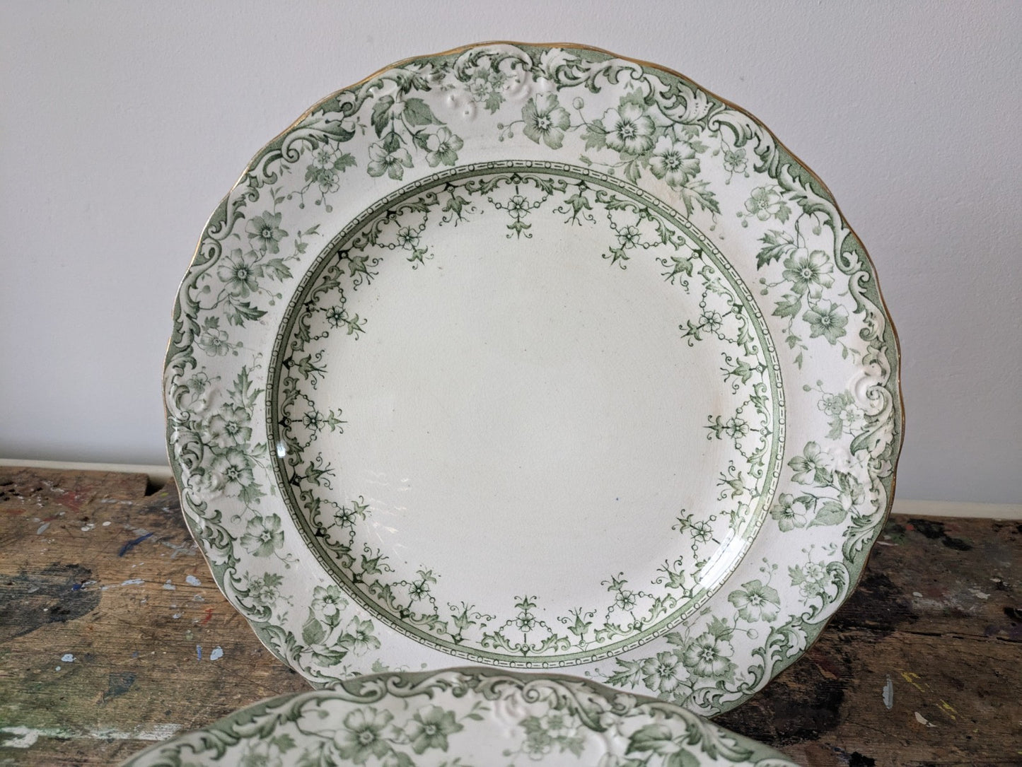 11 Rare Antique S.Hancock & Sons Warwick Dinner Plates Green Floral Serving Prop