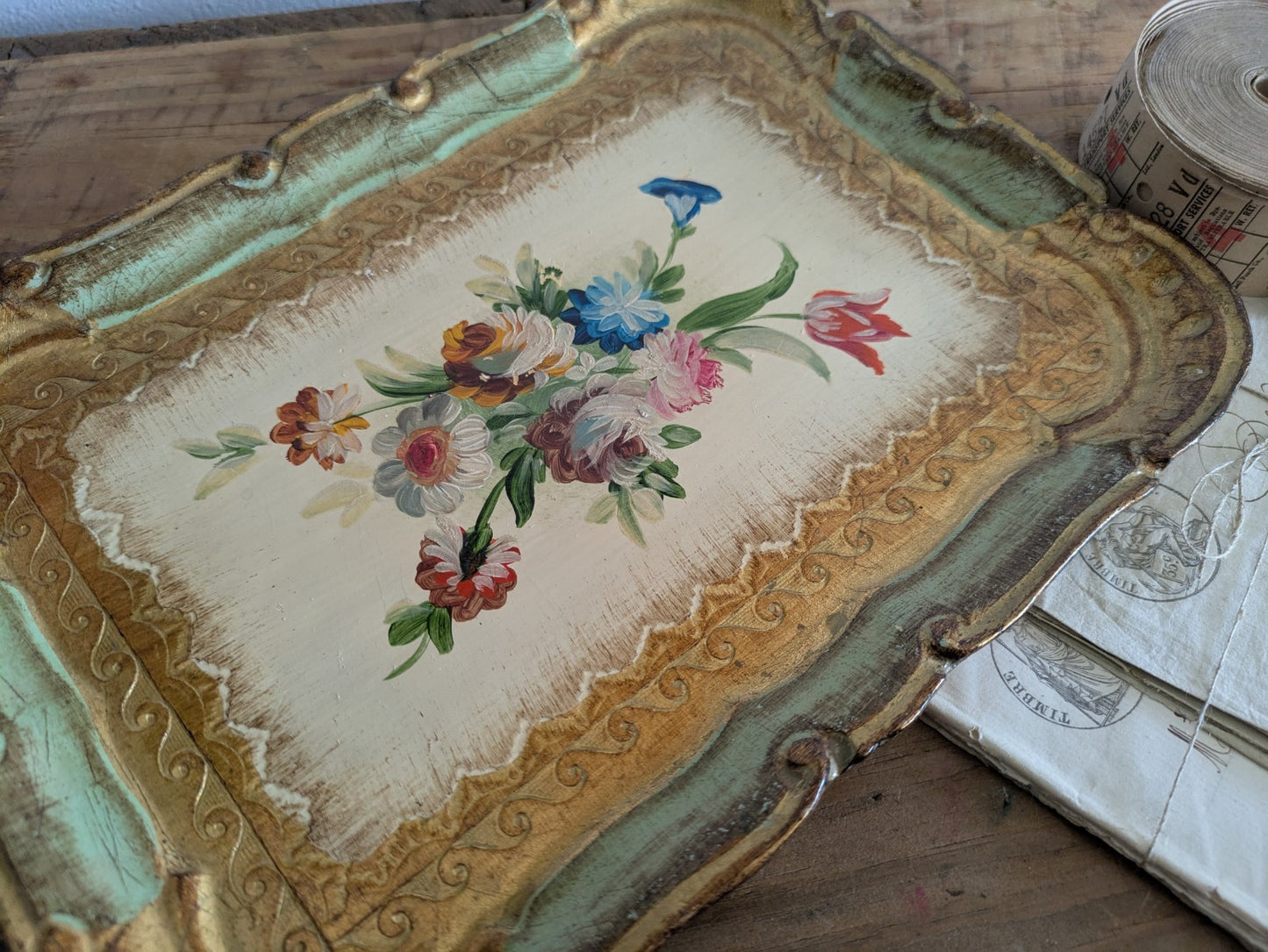 Vintage Firenze Florence Florentine Tray Handmade Italy Gold Leaf Baroque Gift..