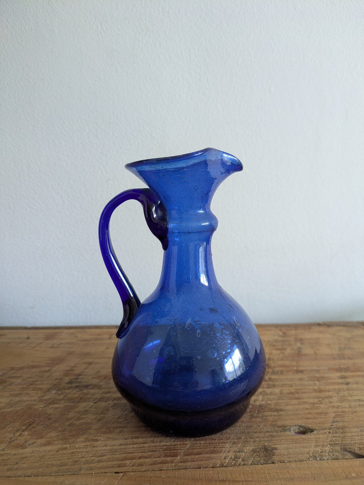 Vtg Cobalt Blue Blown Glass Pitcher Vase Cruet Applied Handle Bubble Retro Jug