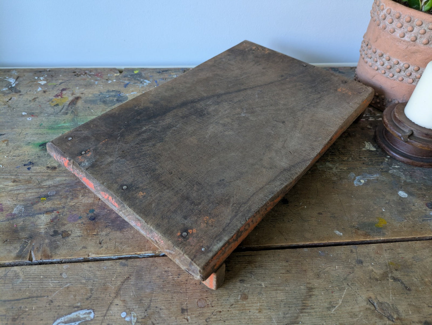 Antique Wooden Bajot Floor Sitting Stool Orange Old Hand Crafted Serving Board