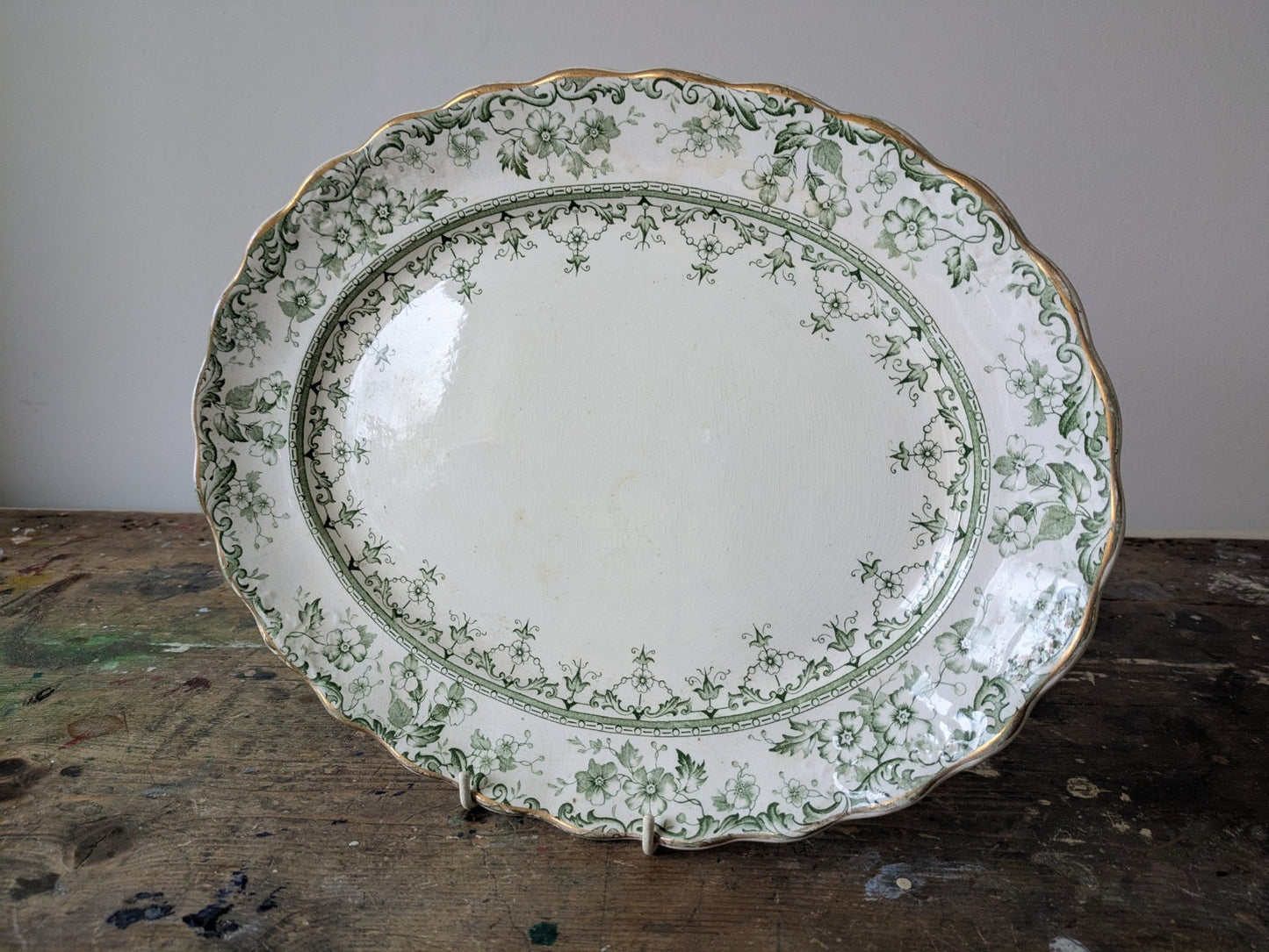 Rare Antique S.Hancock & Sons Warwick Platter Plate Green Floral Serving Prop!!!