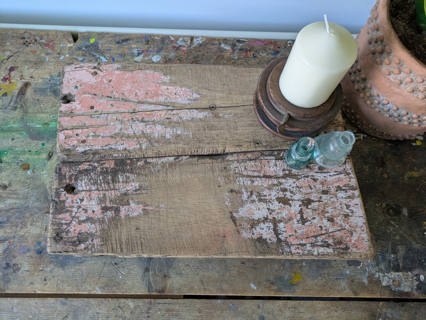 Antique Wooden Bajot Floor Sitting Stool Pink Old Hand Crafted Serving Board Vtg