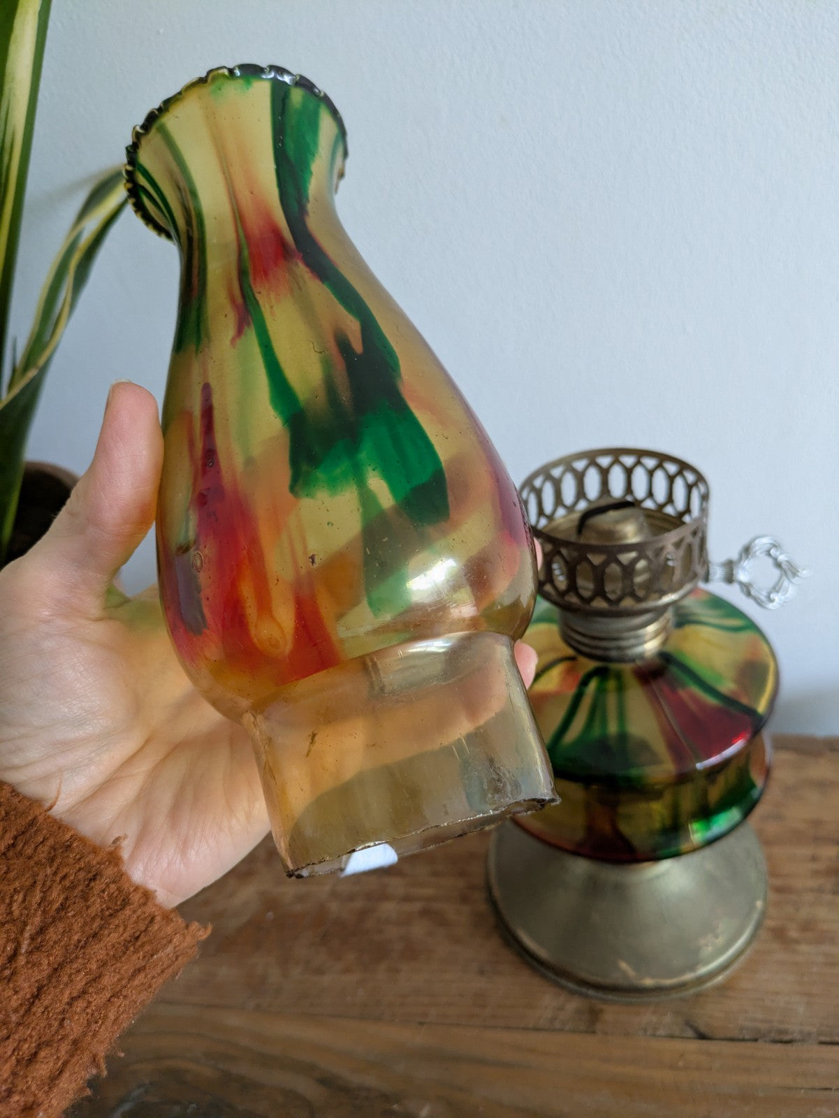 Vintage Hong Kong Mini Rainbow Glass Oil Lamp Rainbow Large Multi Coloured Drip