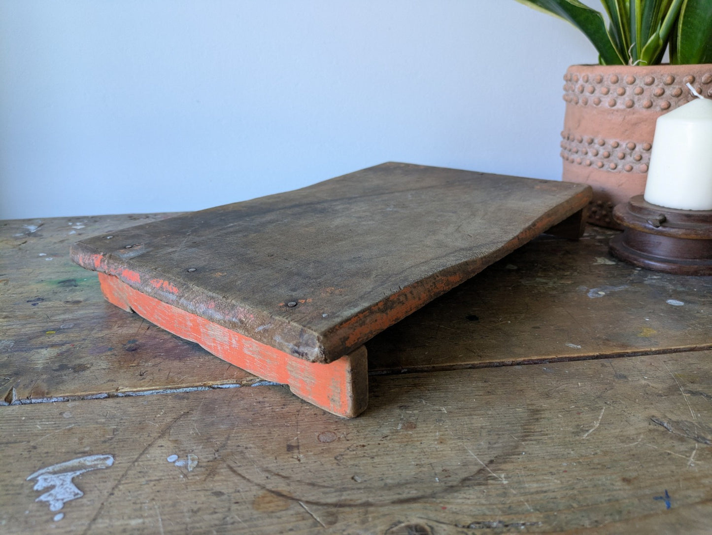 Antique Wooden Bajot Floor Sitting Stool Orange Old Hand Crafted Serving Board