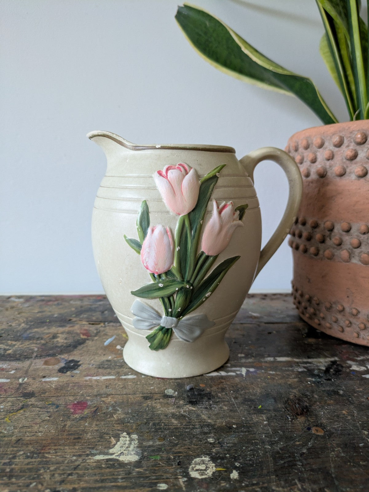 Vintage Floral 'Brentleigh Ware Jug / Vase Retro 1950s Tulips Sirene Large Vgc