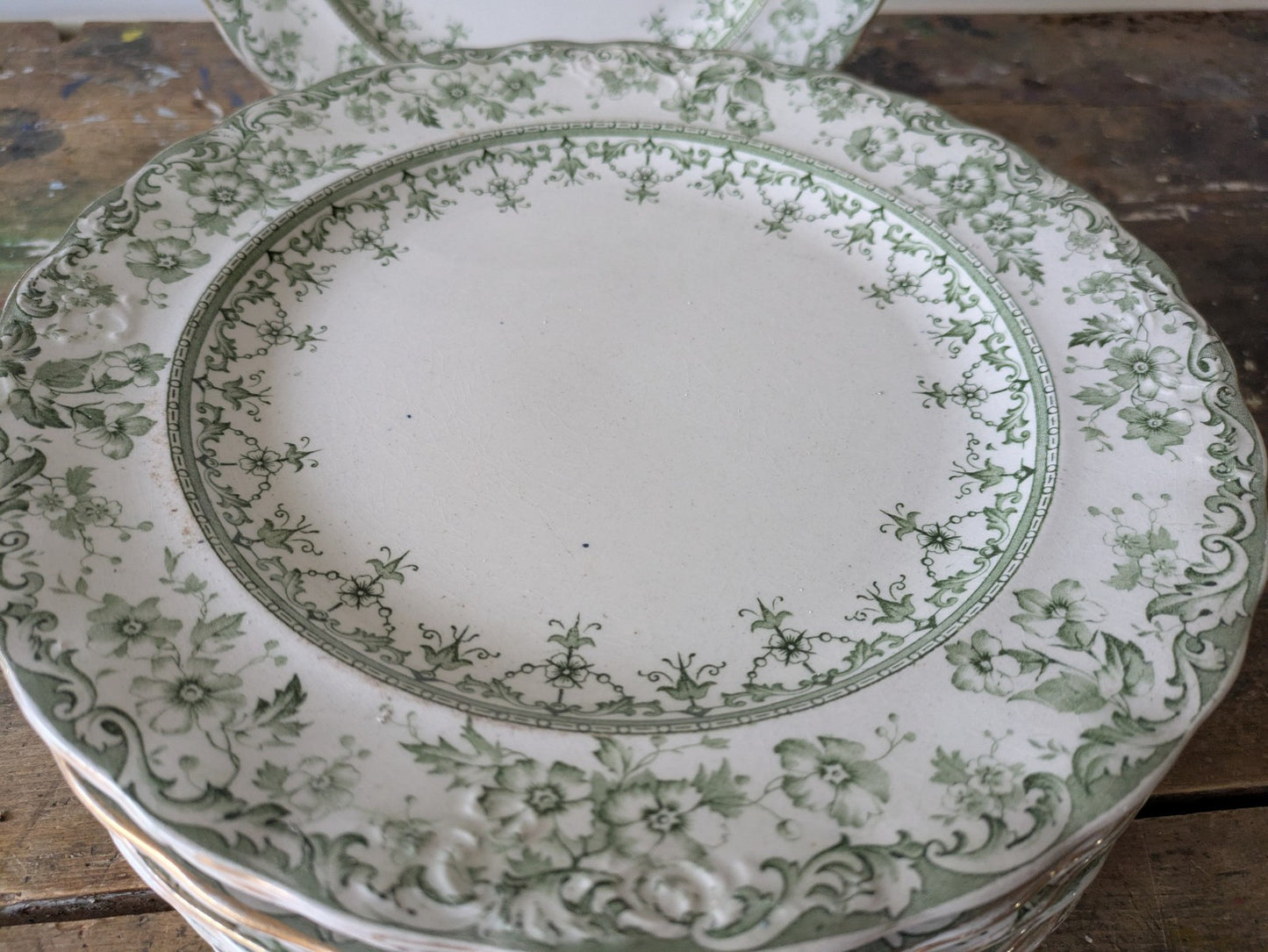 11 Rare Antique S.Hancock & Sons Warwick Dinner Plates Green Floral Serving Prop