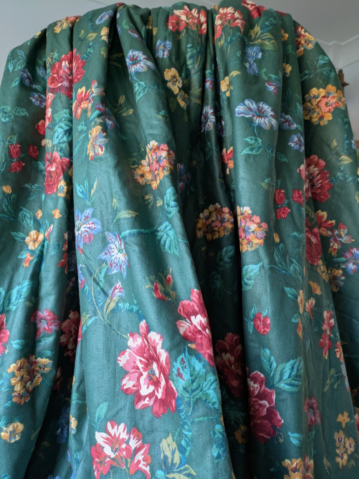 Pair Vintage Crowson Curtains Green Thermal Floral Rose English 129.5D 265cm W