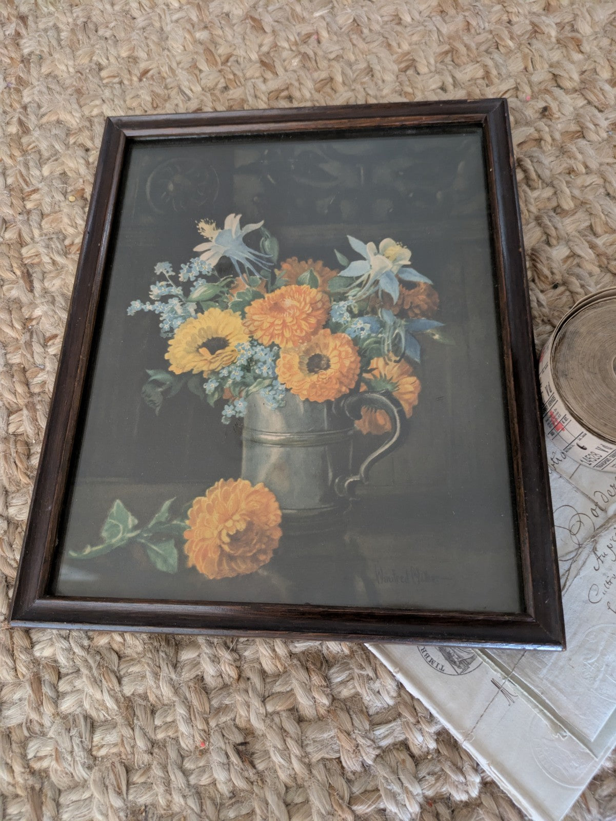 Small Vintage Framed Flowers Still Life Print Signed Winifred Walker Bouquet Old