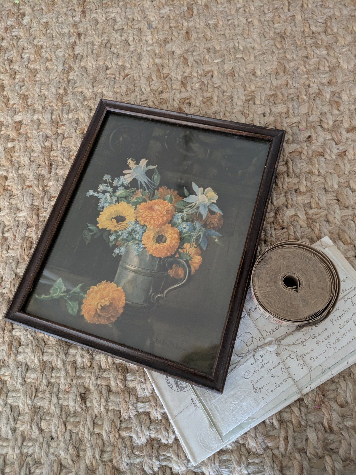 Small Vintage Framed Flowers Still Life Print Signed Winifred Walker Bouquet Old
