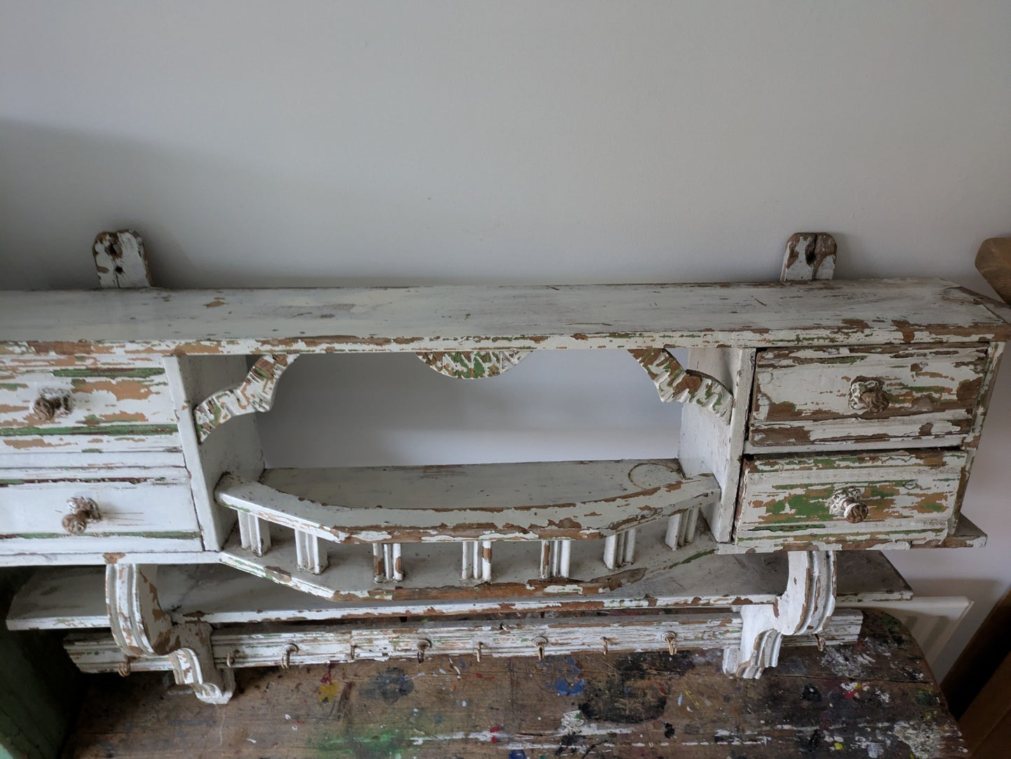 Antique 1900s Shelving Rack Wall Shelf Shelves Drawers Chippy Distressed Hooks