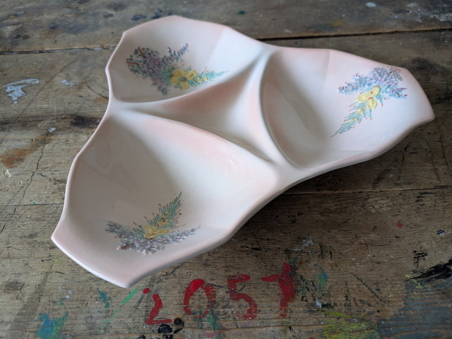 Vintage Beswick Pink 3 section Triangular Serving Dish Heather & Gorse Floral