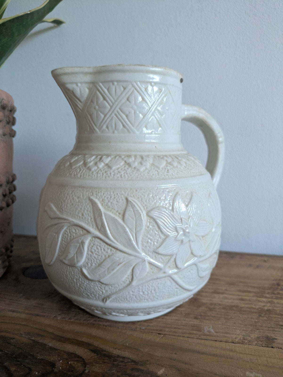 Mid 1800s Victorian Salt Glazed White Stoneware Jug Vase Antique Pitcher Floral