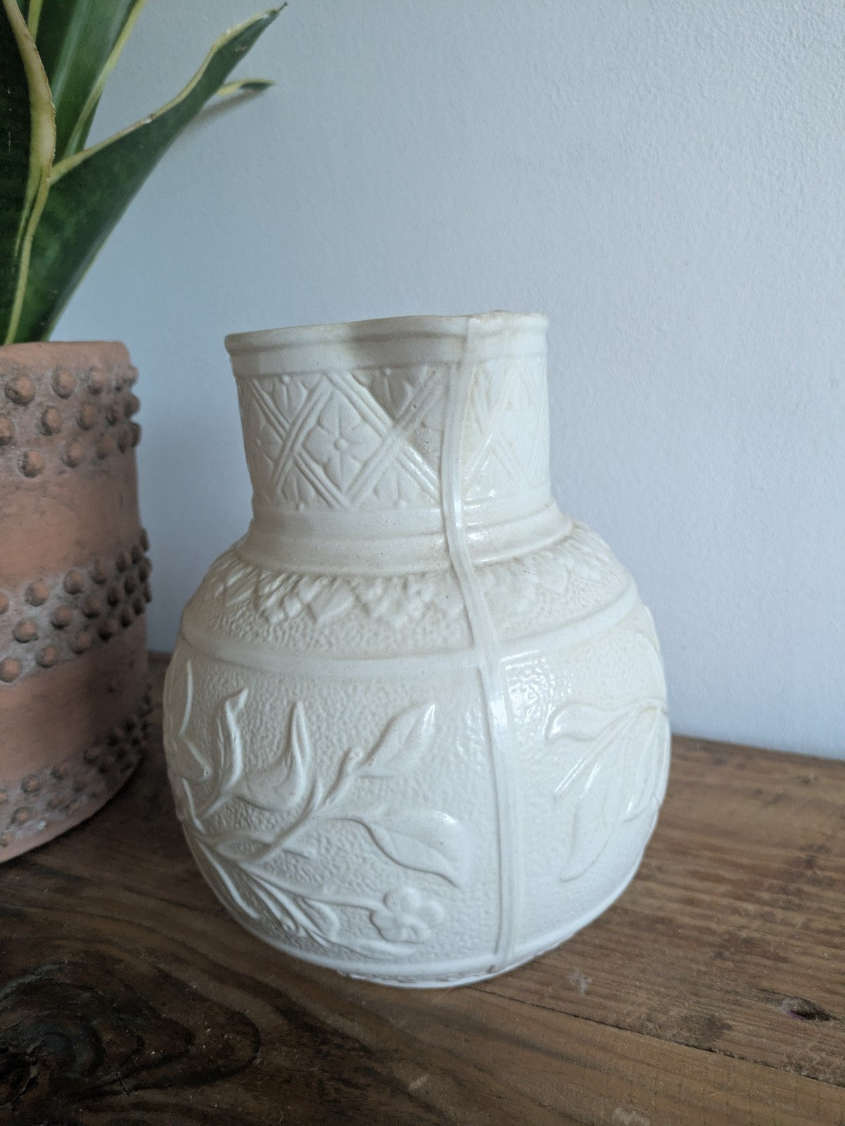 Mid 1800s Victorian Salt Glazed White Stoneware Jug Vase Antique Pitcher Floral