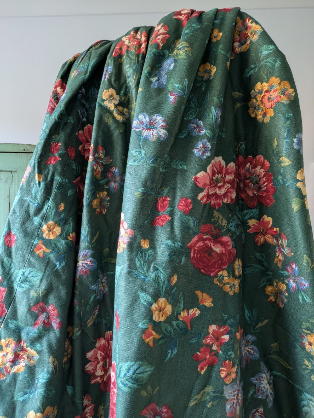 Pair Vintage Crowson Curtains Green Thermal Floral Rose English 129.5D 265cm W