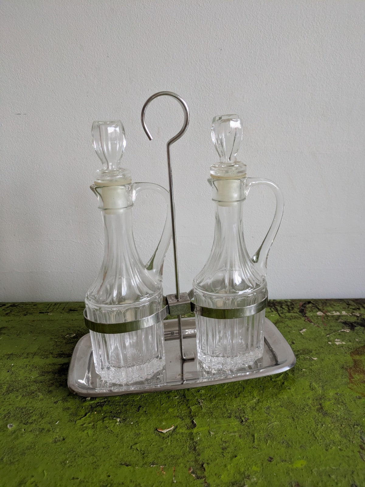 MEPRA Italy Oil Vinegar Cruet Set Service Condiment Cut Glass Holder Table VTG