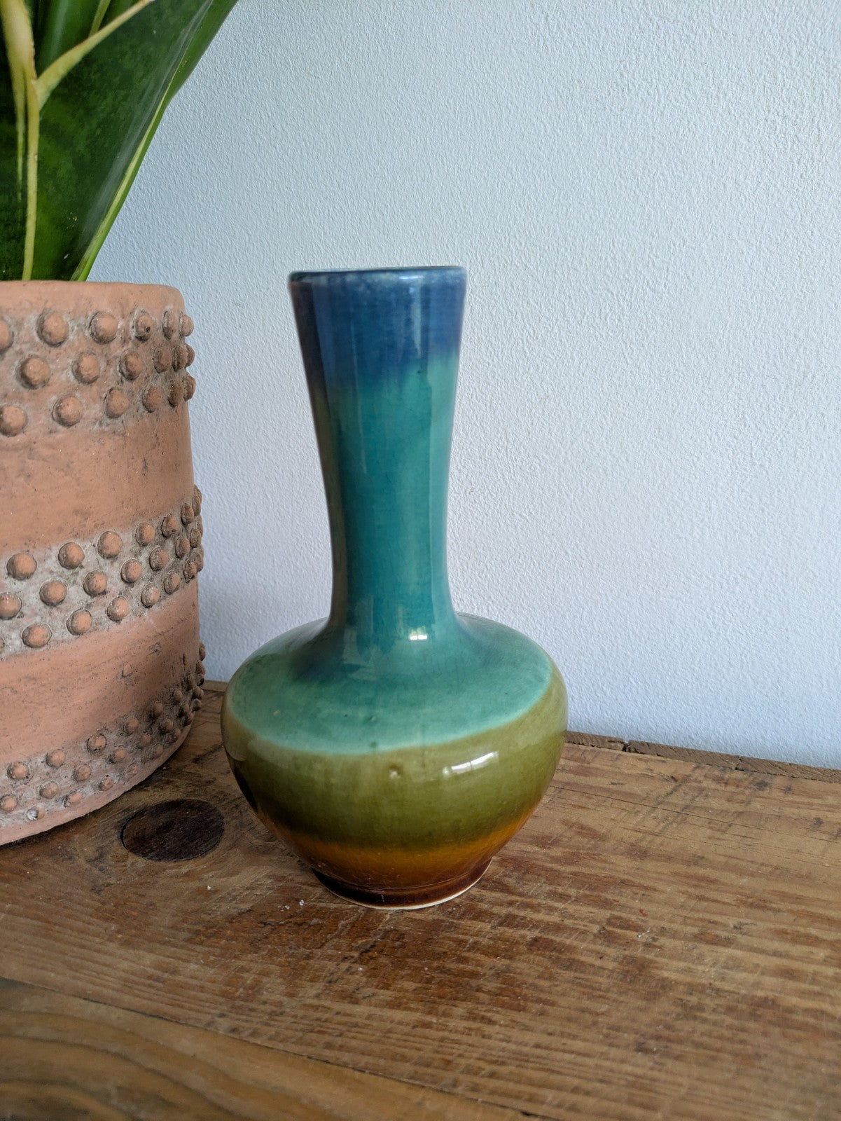 Vintage Rare Wellow Pottery Vase Bud Brown Turquoise Blue Ceramic Multicoloured