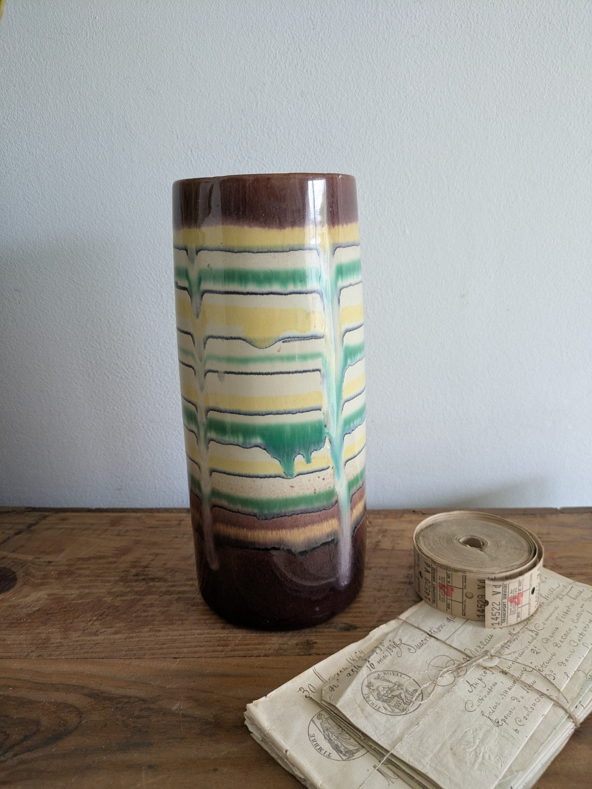Tall mid century modern ceramic VASE German Drip Glaze pattern stripes VTG Retro