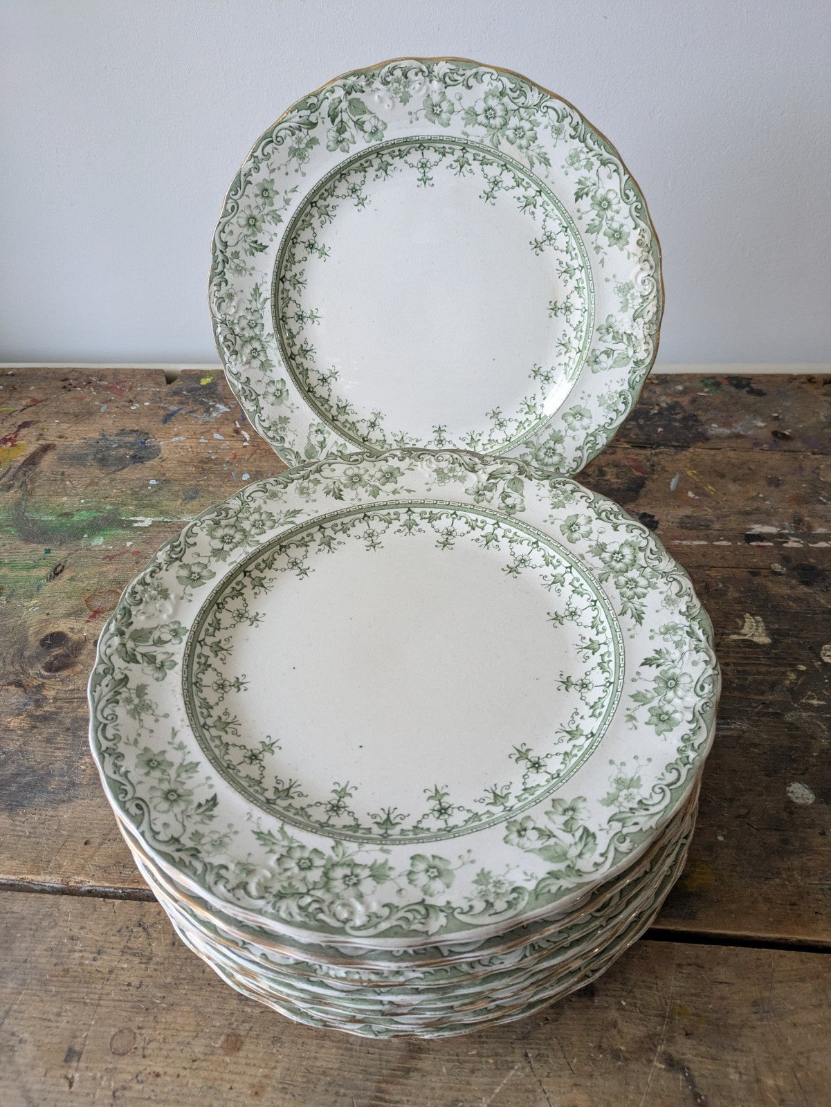 11 Rare Antique S.Hancock & Sons Warwick Dinner Plates Green Floral Serving Prop