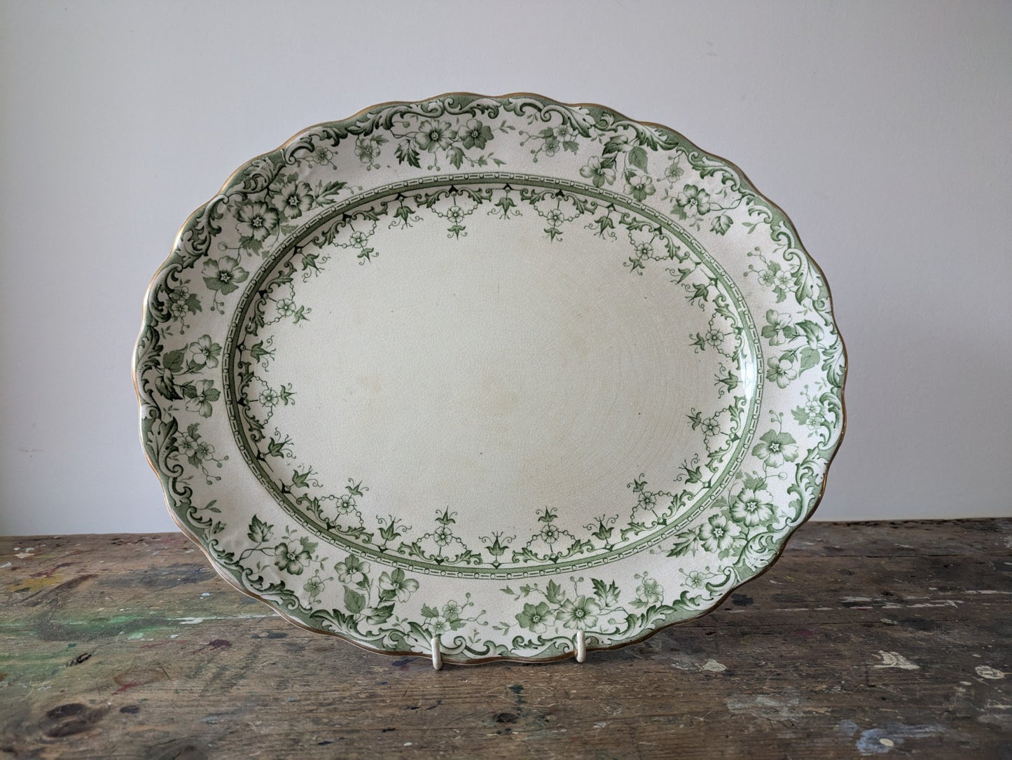 Rare Antique S.Hancock & Sons Warwick L Platter Plate Green Floral Serving Prop