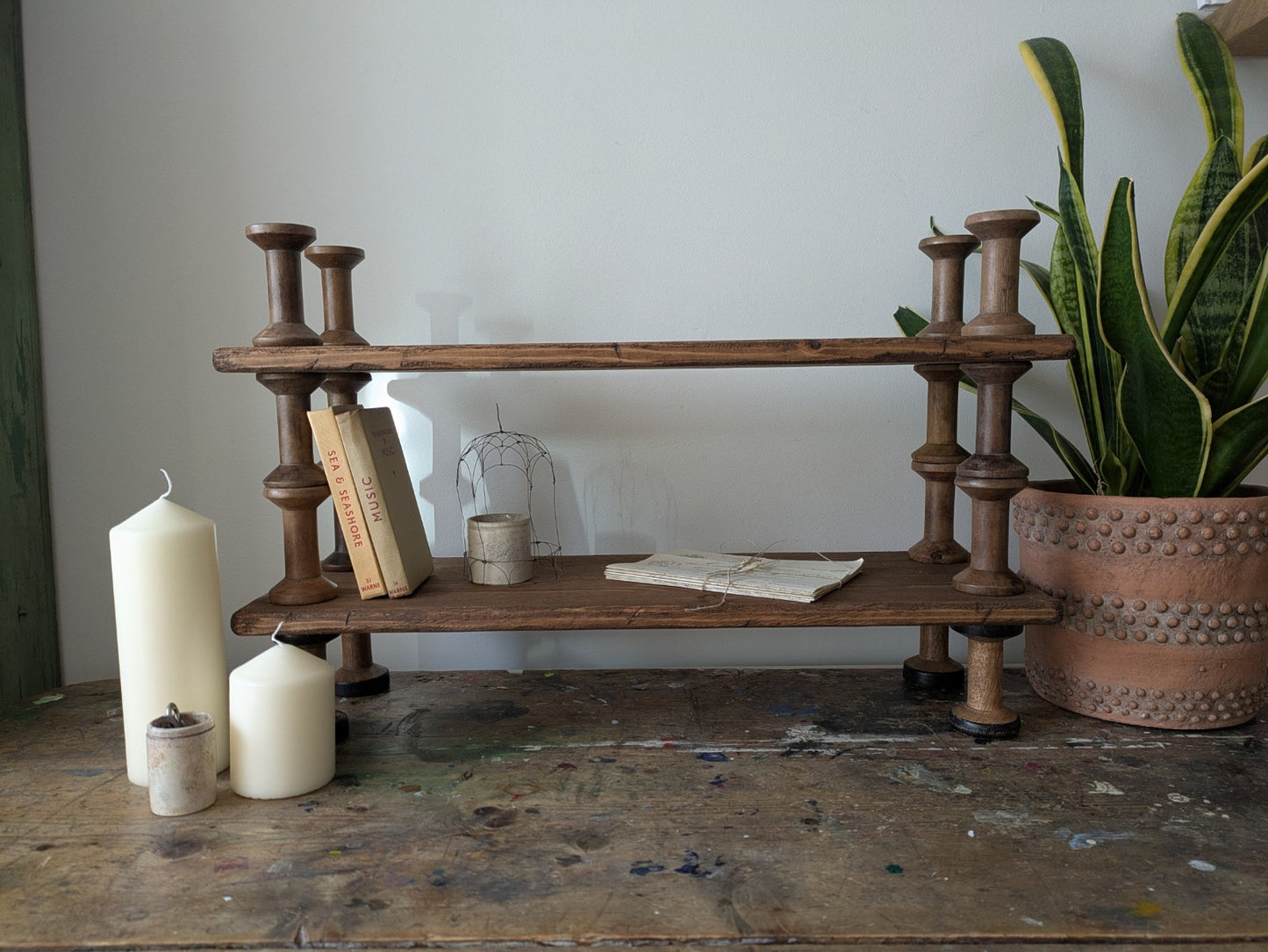 Antique Indian Reclaimed Vintage Folk Art Bobbin Spool Shelf Shelves Handmade