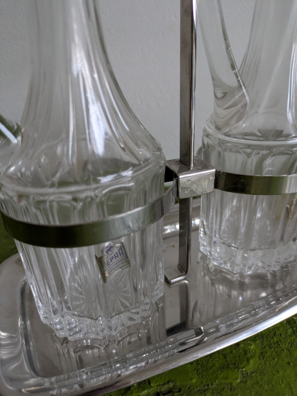 MEPRA Italy Oil Vinegar Cruet Set Service Condiment Cut Glass Holder Table VTG