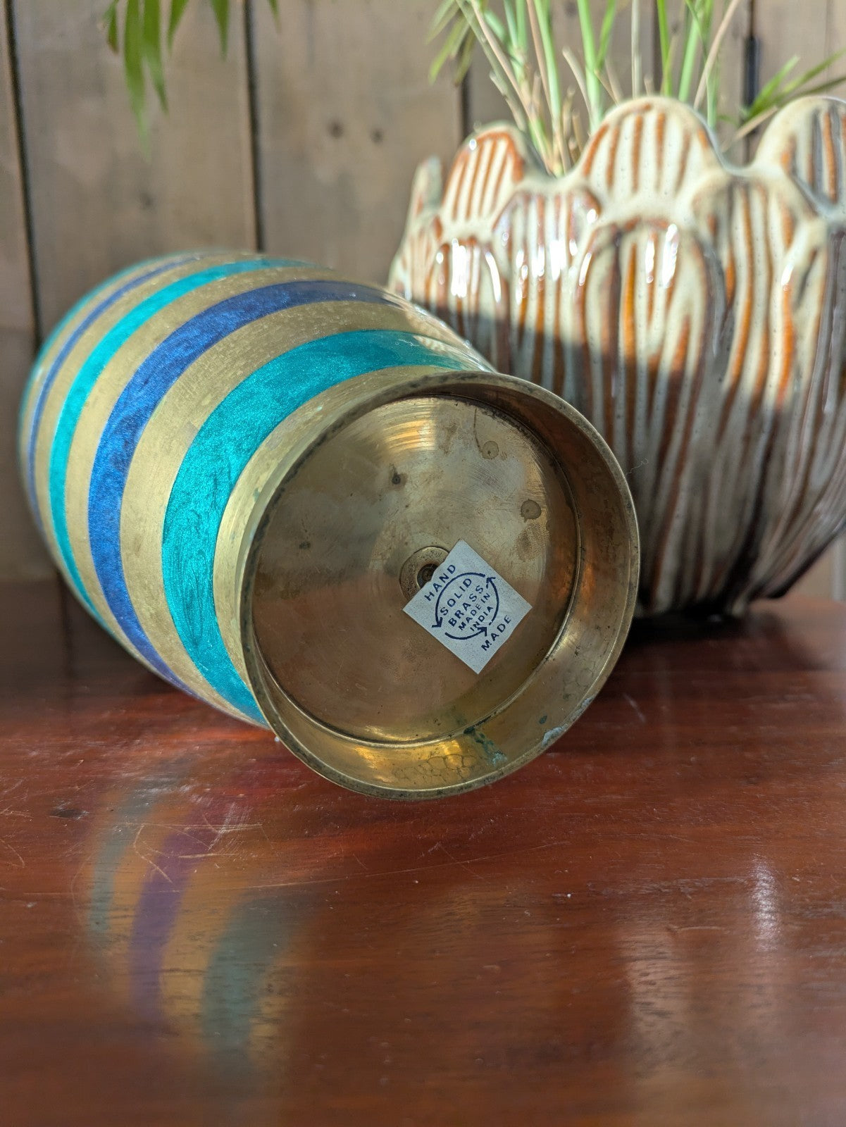 Vintage Brass Cloisonné Vase Green Blue Enamel Hand Made India Striped Large