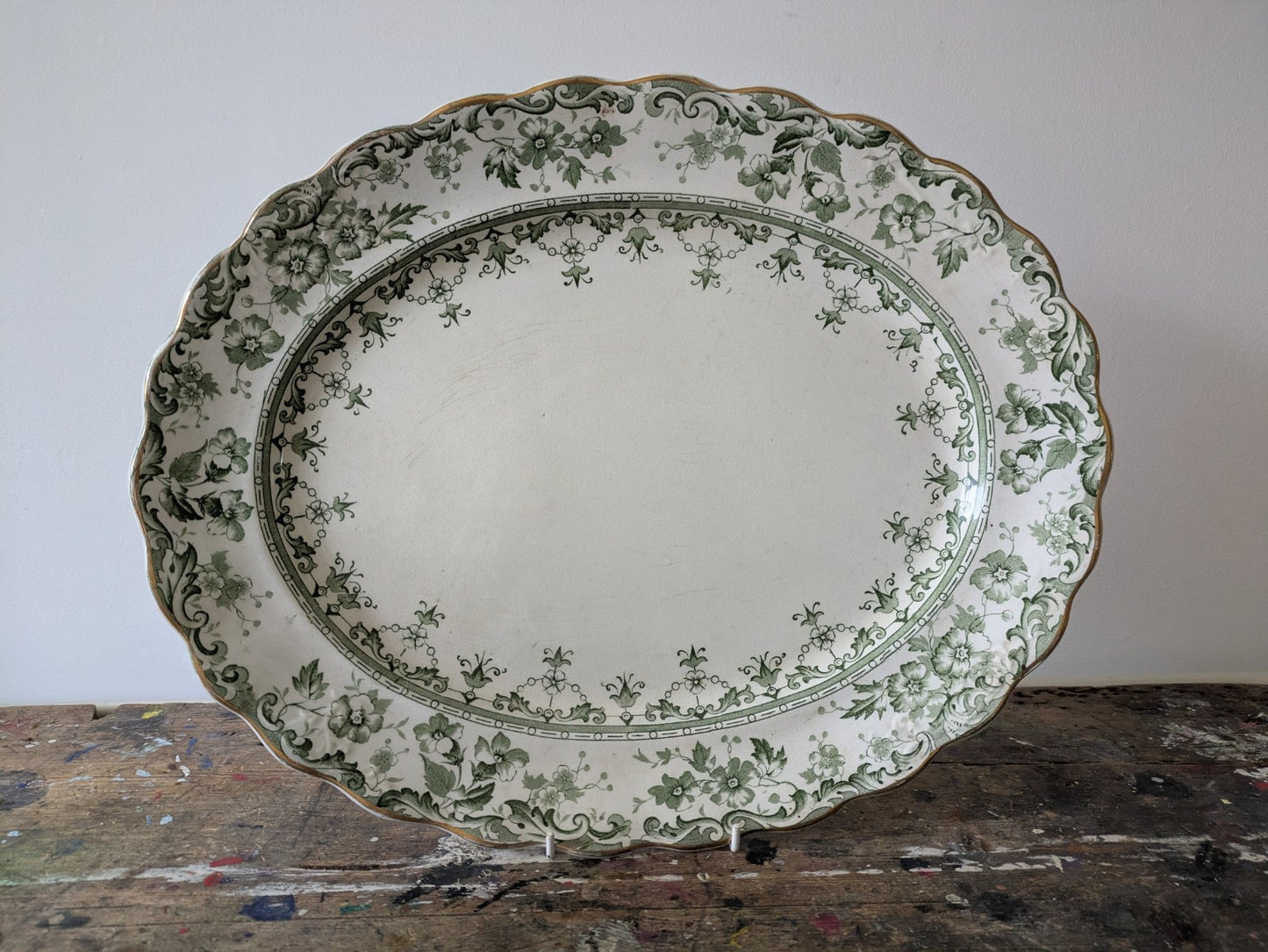 Rare Antique S.Hancock & Sons Warwick XL Platter Plate Green Floral Serving Prop