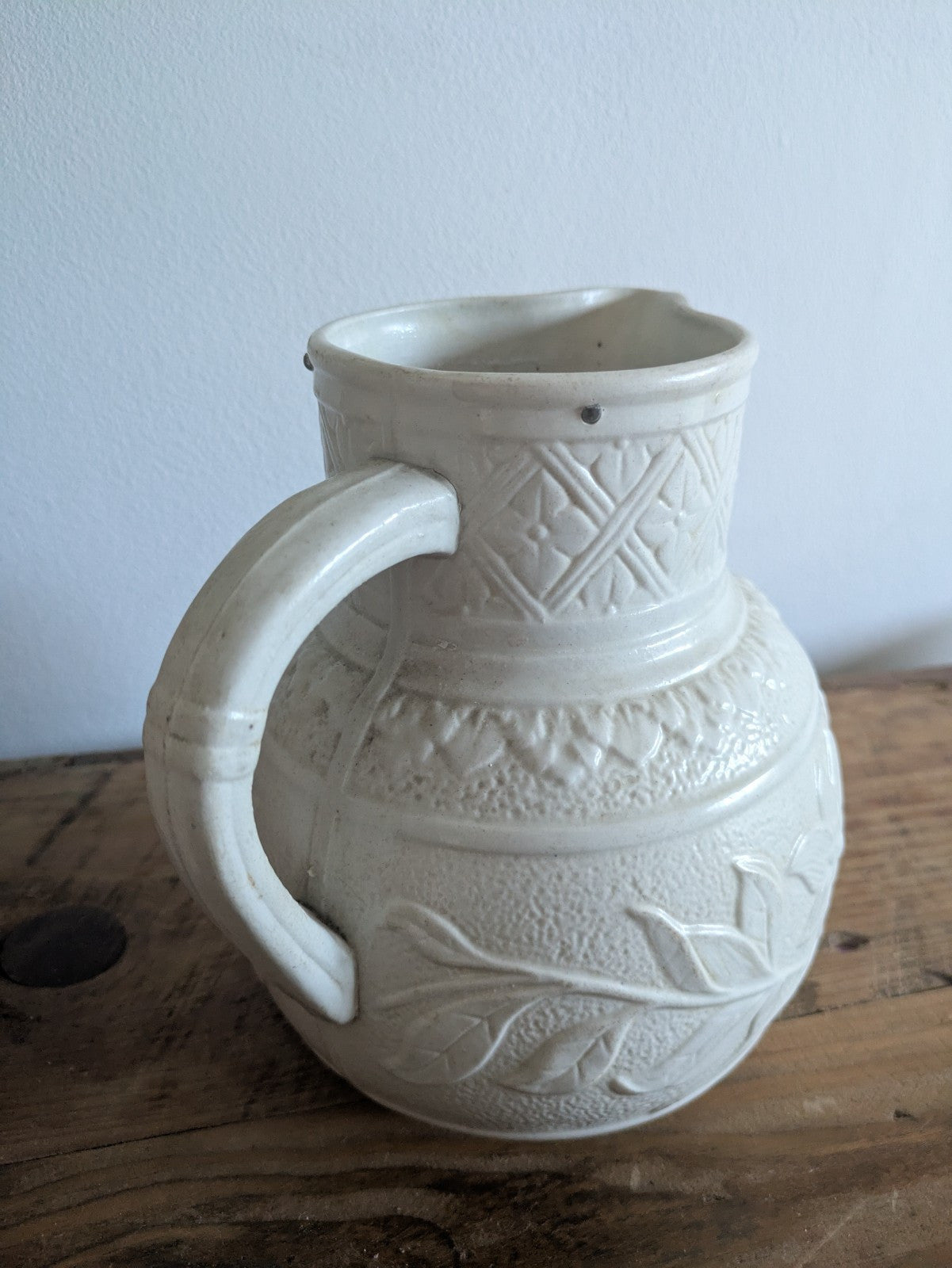 Mid 1800s Victorian Salt Glazed White Stoneware Jug Vase Antique Pitcher Floral