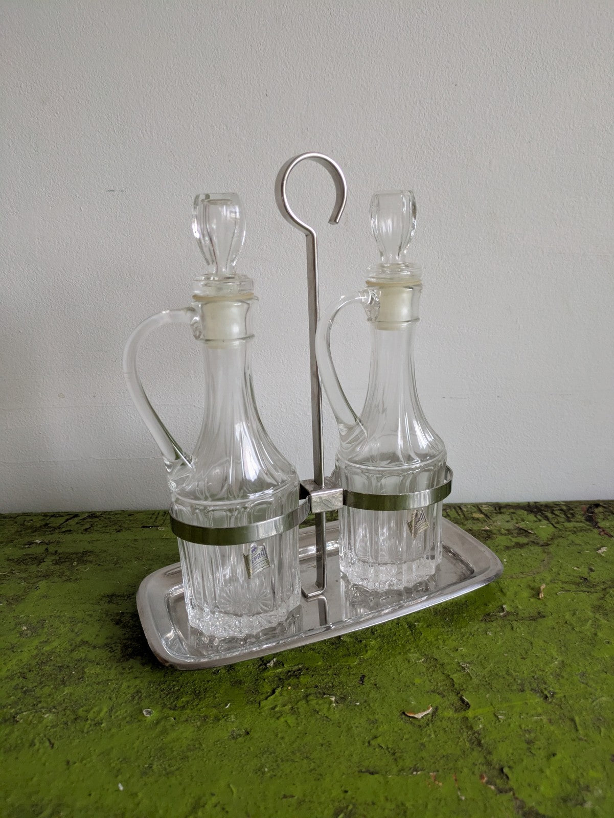 MEPRA Italy Oil Vinegar Cruet Set Service Condiment Cut Glass Holder Table VTG