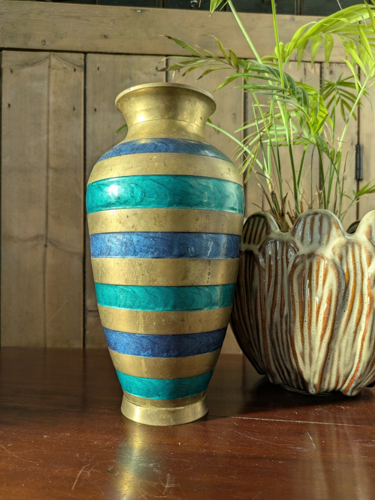 Vintage Brass Cloisonné Vase Green Blue Enamel Hand Made India Striped Large