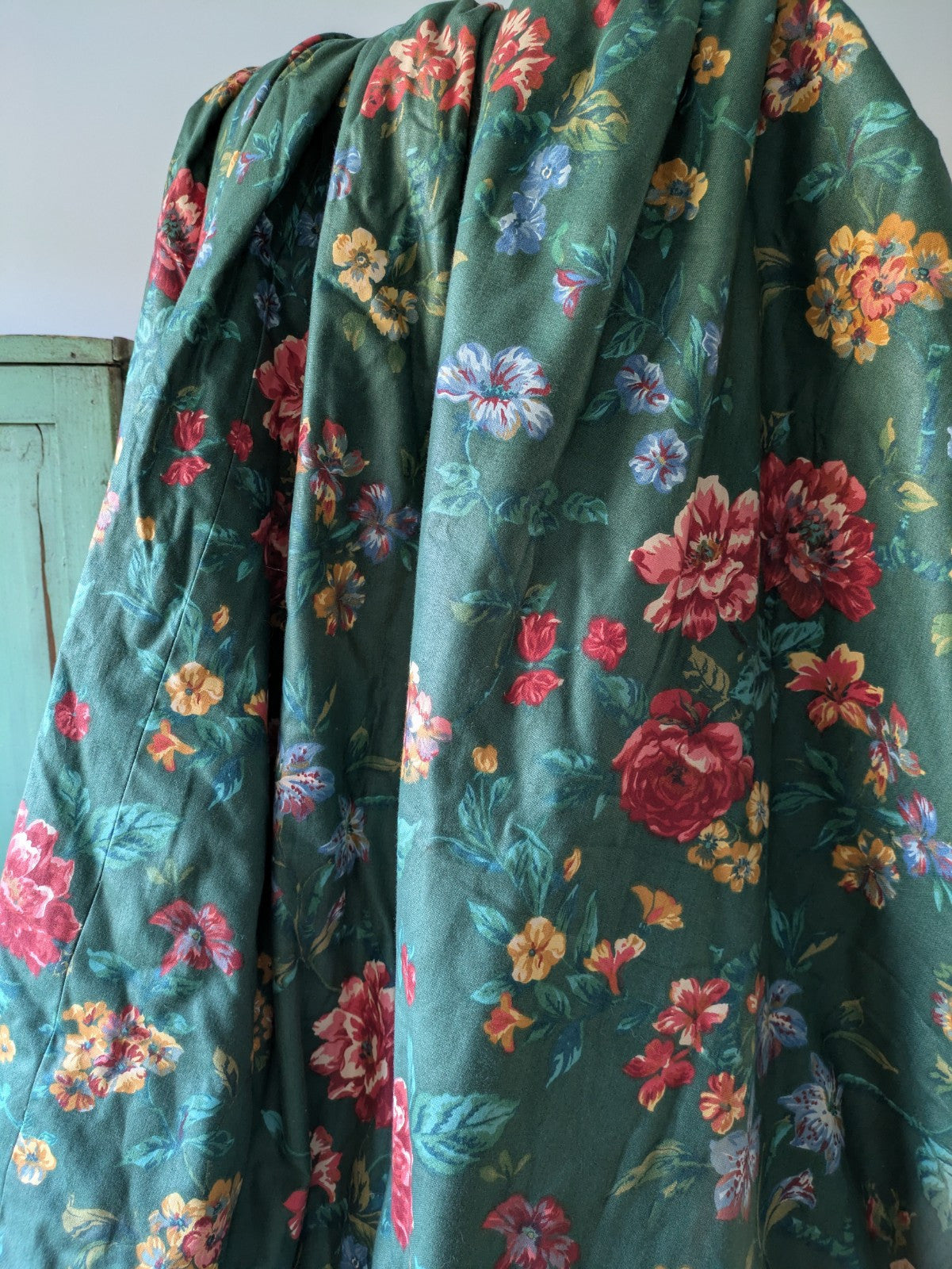Pair Vintage Crowson Curtains Green Thermal Floral Rose English 129.5D 265cm W