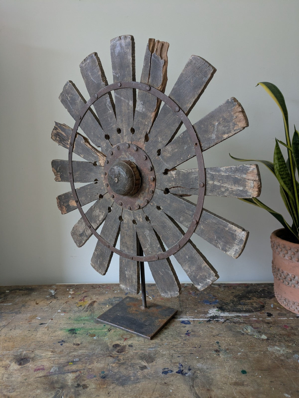 Vintage Rustic Antique Indian Silk Spinning Charkha Wheel Sculpture on Stand Vgc
