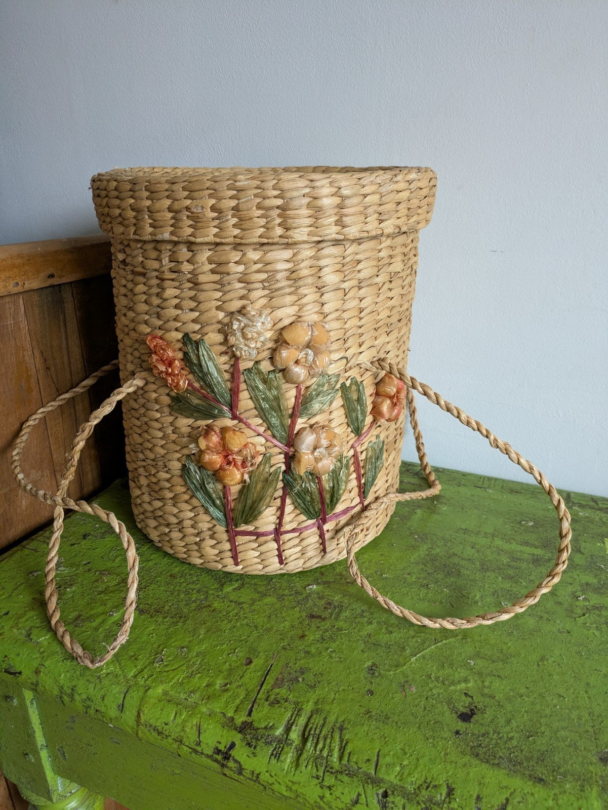 Handmade Woven Basket Bag Fruit Flowers Village Straw Raffia Vtg 50s Storage Old