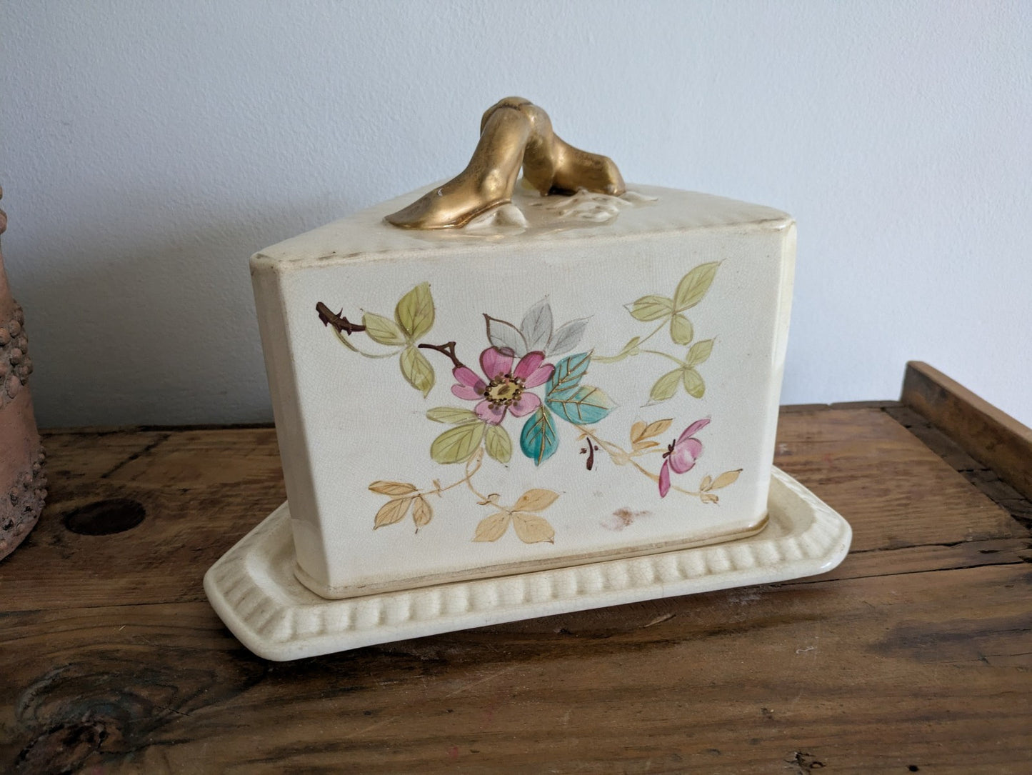 Large Antique Vintage Victorian Cheese Dish Butter Serving Cover Floral Vgc Rare