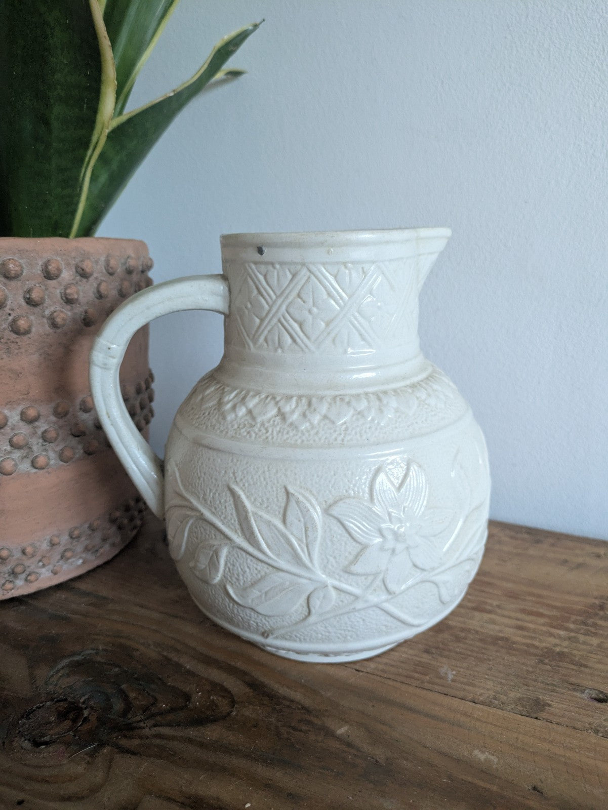 Mid 1800s Victorian Salt Glazed White Stoneware Jug Vase Antique Pitcher Floral
