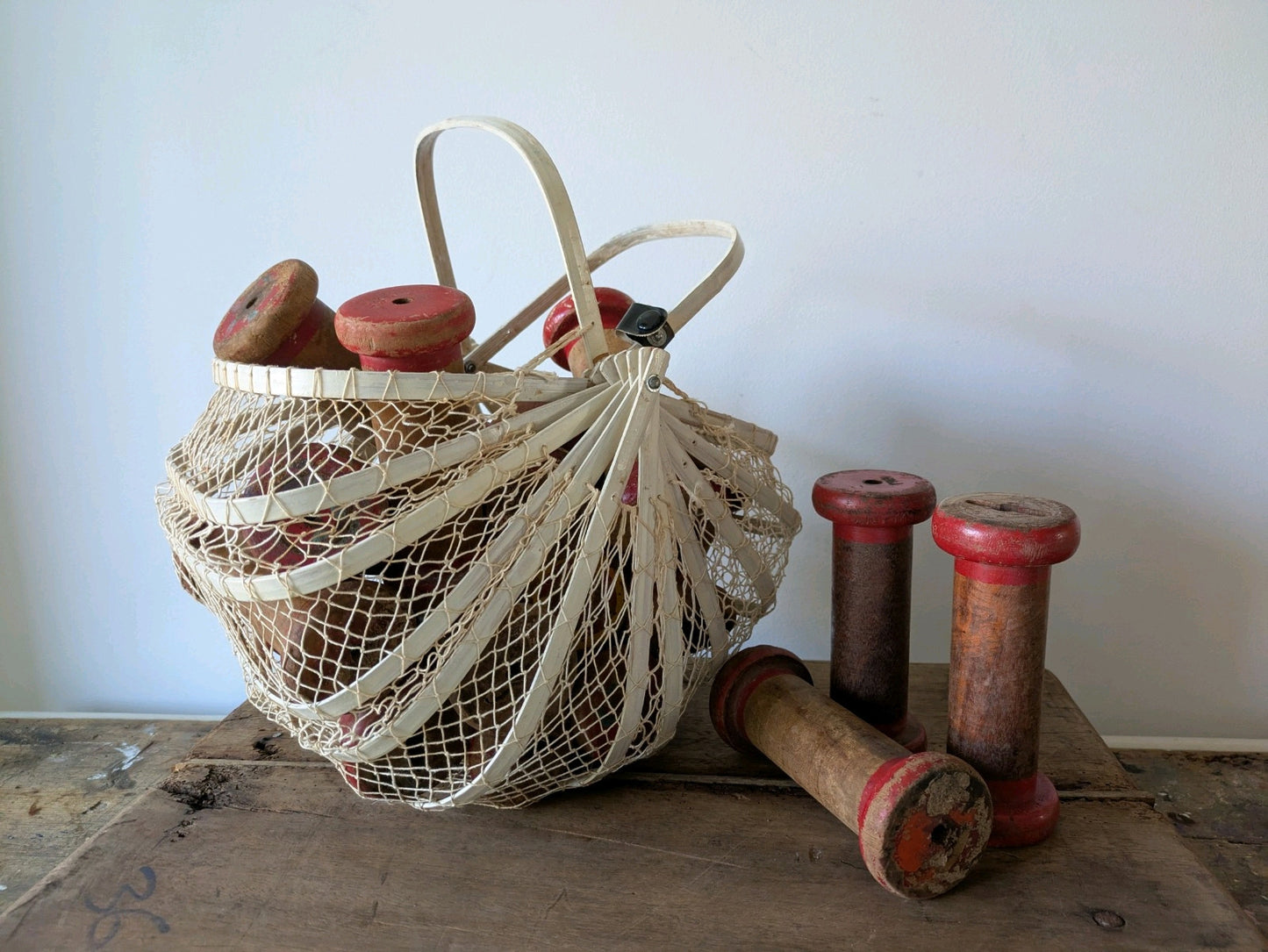 Vintage French Folding Bentwood Fishnet Basket Retro Handbag White 50s Rare Old