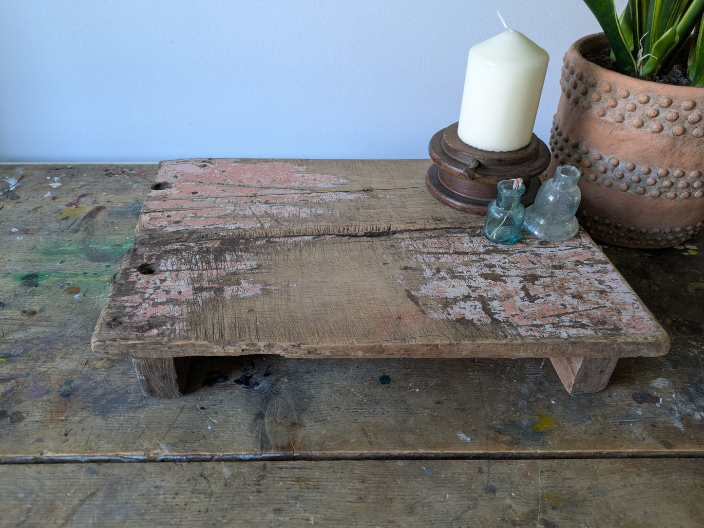 Antique Wooden Bajot Floor Sitting Stool Pink Old Hand Crafted Serving Board Vtg