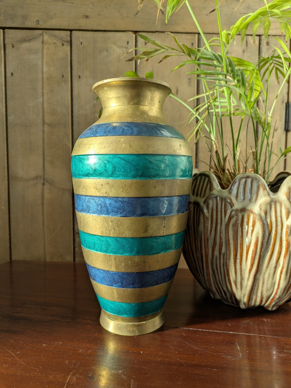 Vintage Brass Cloisonné Vase Green Blue Enamel Hand Made India Striped Large